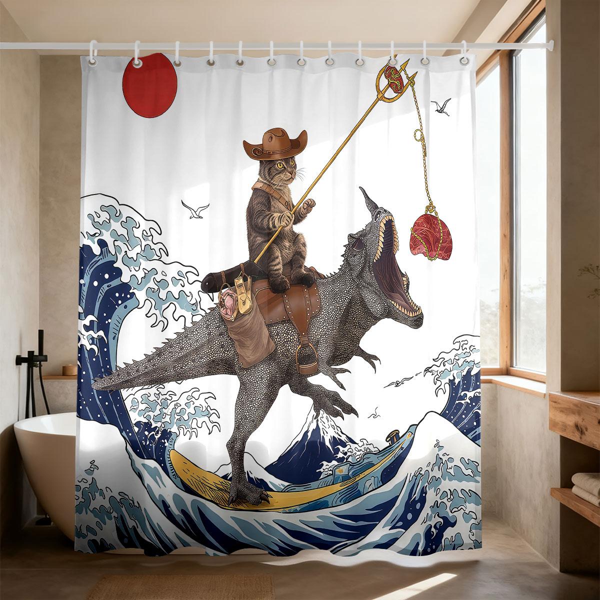 

1Pc Funny Cat Dinosaur Print Waterproof Shower Curtain Partition Privacy Hanging Curtain, 12 Hooks, Multiple Sizes W60H190(CM)-1 Pcs