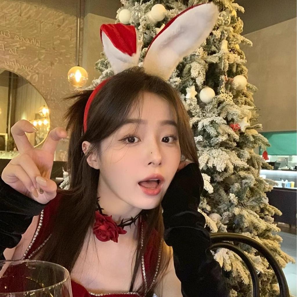 Red Flocked Rabbit Ears Christmas Headband – Festive Niche Hair Accessory