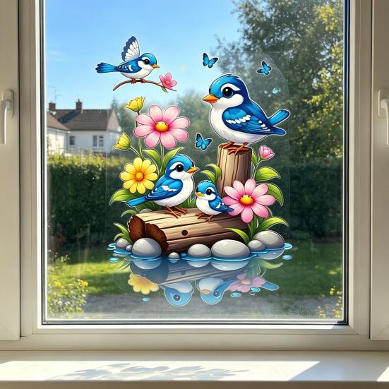 Watercolor Bird Window Sticker Cartoon Blue Birds Flowers Butterflies Double Sided Static Cling