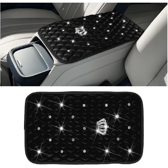 Mandark Bling Car Center Console Cover, Rhinestones Crown Vehicle Armrest Seat Box Mat Pad, Diamond Automotive Interior Arm Rest Cushion Protector