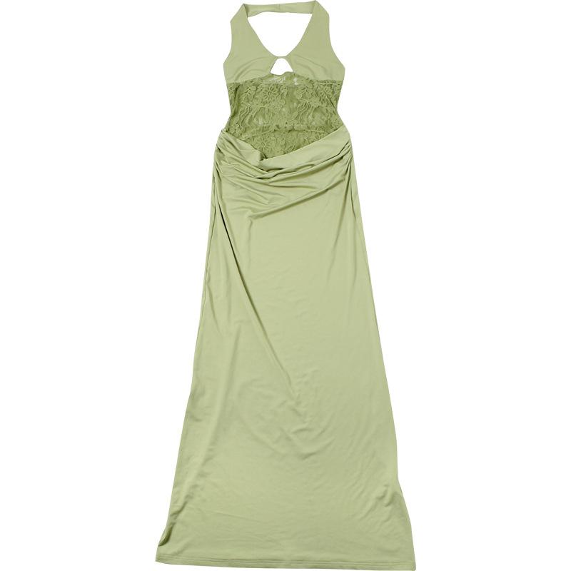 Durchsichtiges Spitzen-Ausschnitt Sexy Party Club Y2K Kleider Outfits Damen Neckholder Sommer Ärmellos Rückenfrei Bodycon Strand Maxi-Kleider