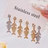 Qiong Yao Geometric Zirconia Fish Bone Earrings - 18K Gold Plated Stainless Steel, Versatile European American Fashion Ear Clips