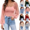 Women's Square Neck Long Sleeve Top Slim Fit Mesh Polka Dot Patchwork Casual Blouse