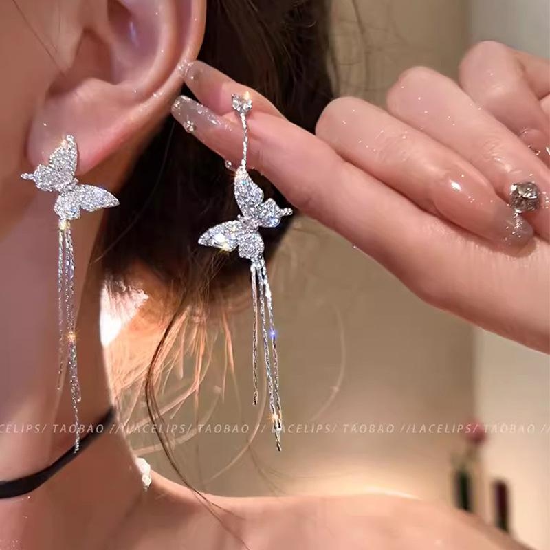 S silver needle zircon pearl earrings women's niche butterfly stud earrings versatile temperament earrings