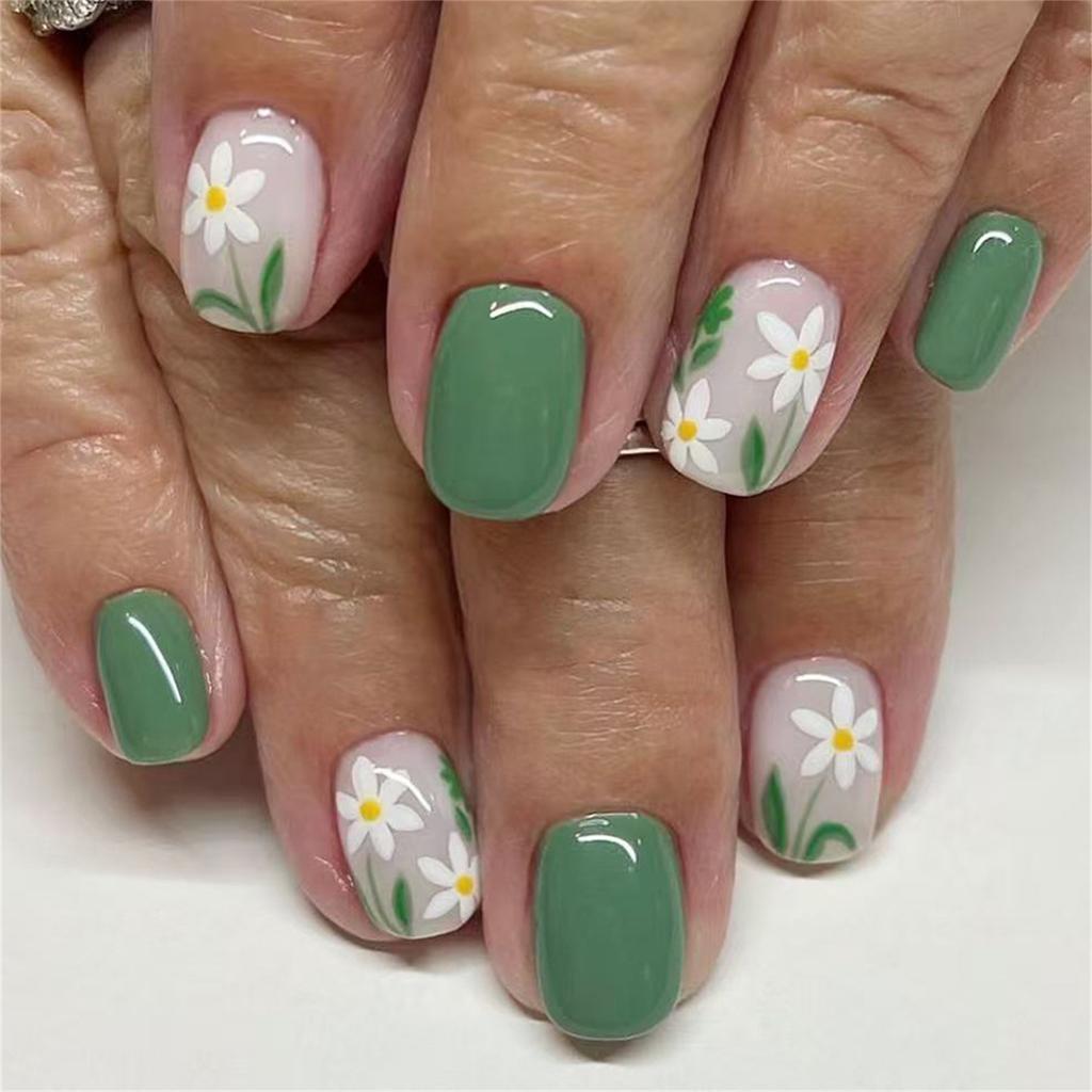24 Pcs Flowers False Nail Light Green Artificial Nail Glossy Full Cover Stick on Nail Short Square Press On Nail