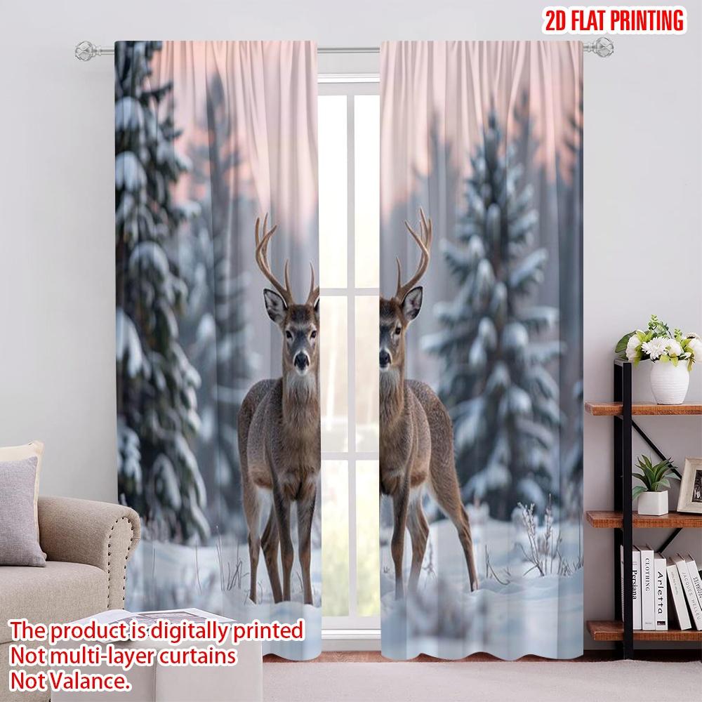 

2pcs 2D flat printing Merry Christmas Curtains Forest deer Versatile 100% Polyester Without Electricity Festive Wall Decor Use 100*130 Rod Pocket 1pcs