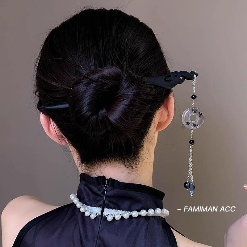 High-End Chinese Wooden Hairpin with Tassels – Ancient Style Ebony Faux for Women
