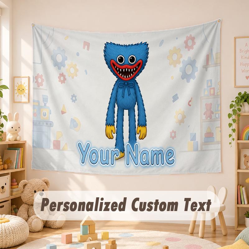 קיר בד עם שם מותאם אישית, תליית קיר בוהו Poppy Playtime, קיר רקע דקורטיבי לחדר