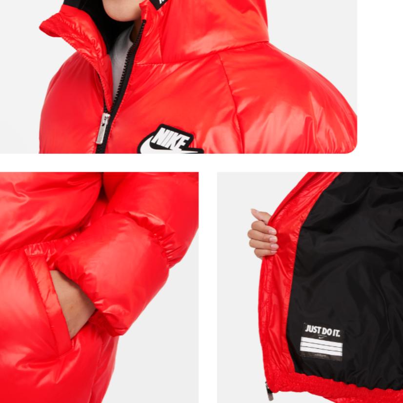 Nike Dětská péřová bunda s logem, výšivkou, kapucí, teplá, červená, dětské svrchní oblečení DO5197-673