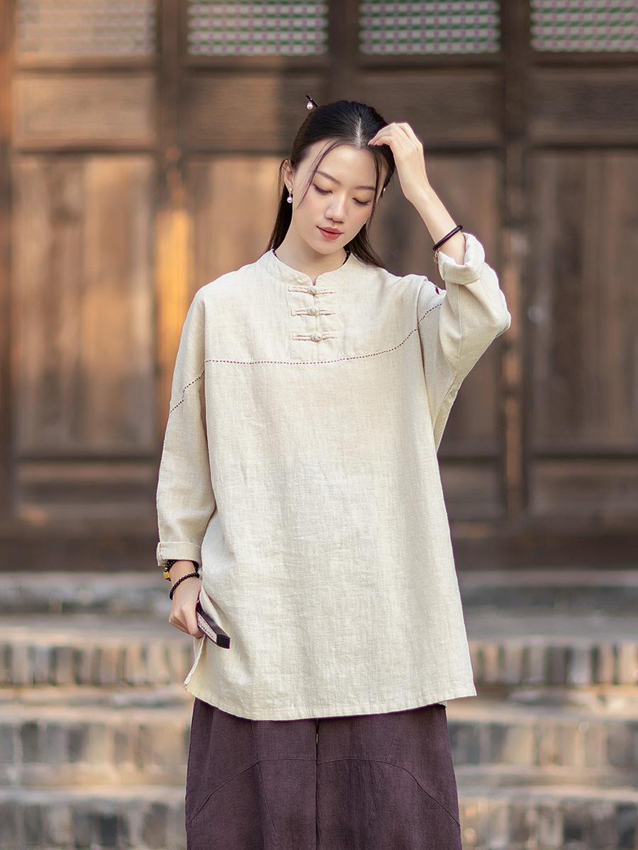 New Women s Retro Chinese Frog Button Long Sleeve Meditation Top One Size