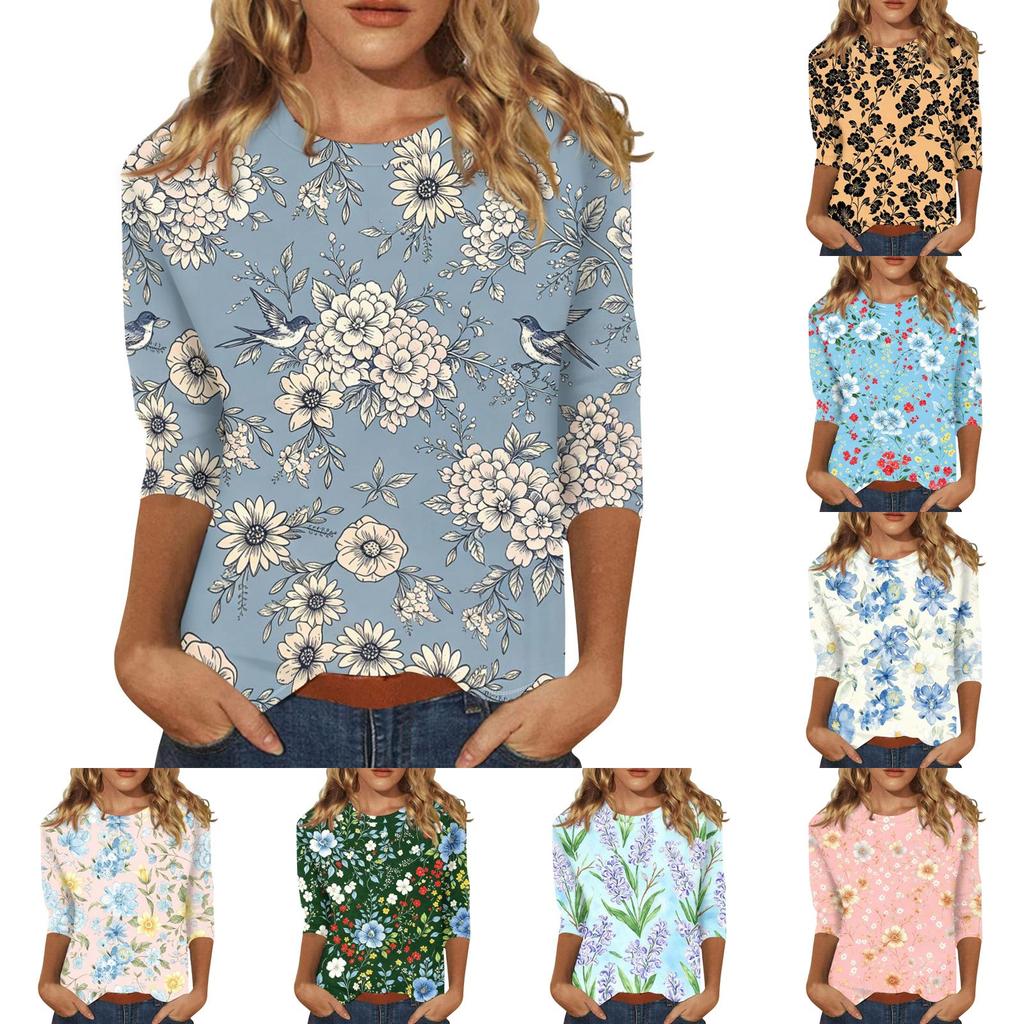 Damen Lässige Blumenprint Rundhals Dreiviertelarm Bluse Leichter Weicher Stoff Bequeme Passform Stilvolles Oberteil für den täglichen Gebrauch