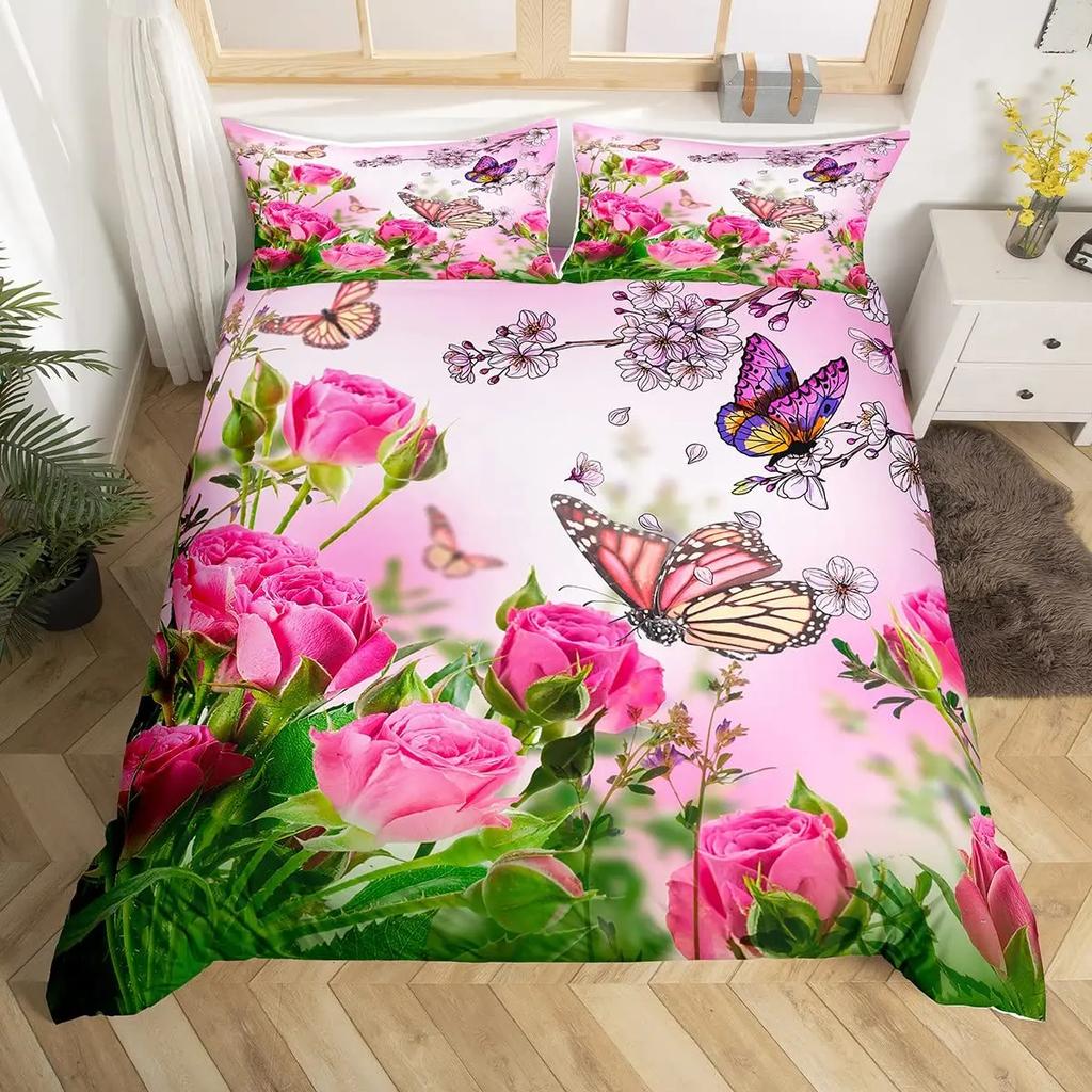 Rose Flowers Duvet Cover Set Butterfly Garden Bedding Sets Girls Women Floral Fresh Nature Blooming Rose Comforter Cover 3 Pcs