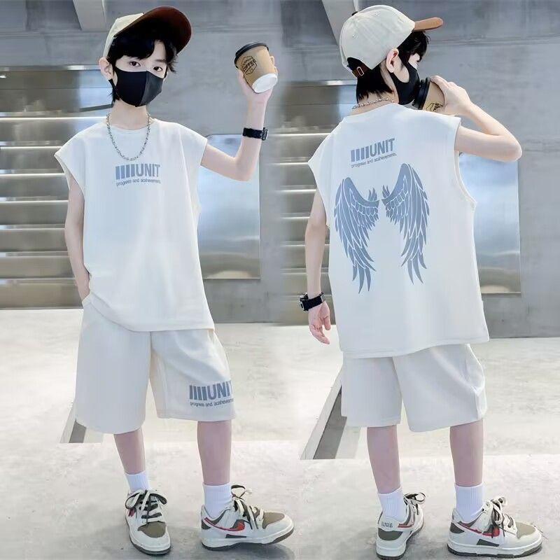 Traje sin mangas para niños Niños medianos y mayores Verano Chaleco de verano para niños Pantalones cortos de cinco puntos guapos Conjunto de dos piezas