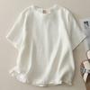 Top casual da donna in misto lino con bordo a balze, girocollo, manica corta, tinta unita, vestibilità ampia