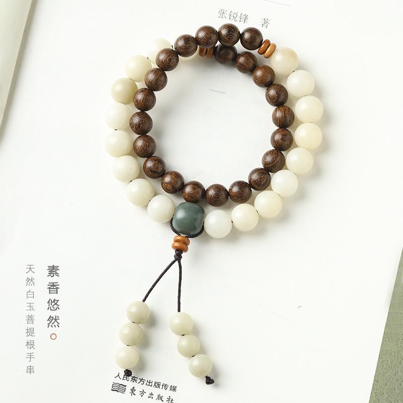 Pure Green Sandalwood/Golden Sandalwood Buddhist Beads with White Jade Bodhi Beads, Chinese Style Fairy-Like Double-Loop Bracelet