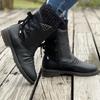 Women's Fall Winter Knitted Cuff Mid-Calf Boots Retro Round Toe Chunky Heel Studded Western Cowboy Boots.