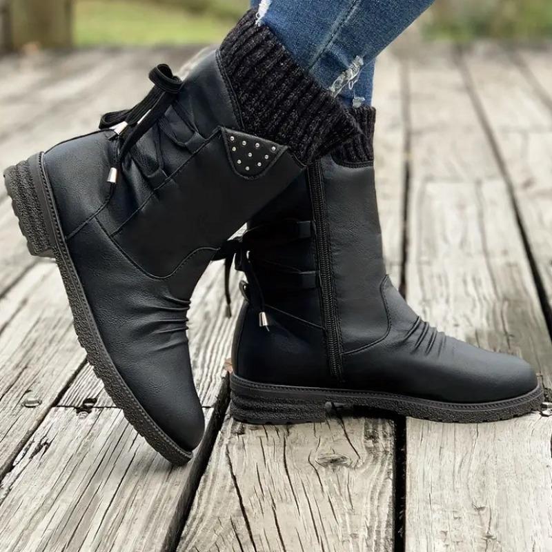 Women's Fall Winter Knitted Cuff Mid-Calf Boots Retro Round Toe Chunky Heel Studded Western Cowboy Boots.