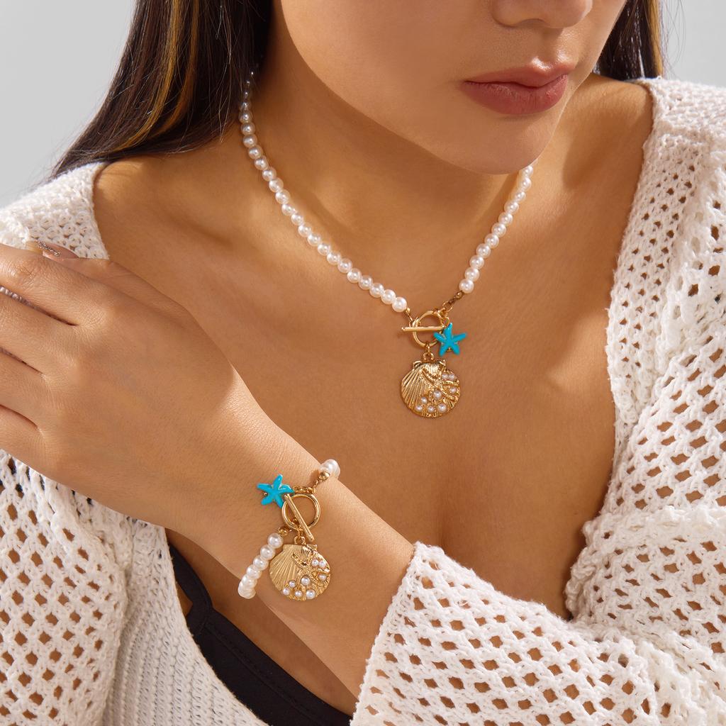 2pce/set Elegant Imitation Pearl Chain Necklace for Women Boho Blue Starfish Shell Pendant Necklace Bracelet Summer Party Gift