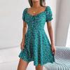 Women's Spring And Summer Casual Flare Sleeve Drawstring Lace-up Floral Dress