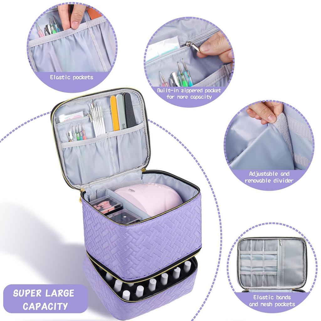 2-Layer Nail Polish Organizer Holds 30 Bottles 15ml/0.5 Fl.oz Nail Lamp Polish Travel Case with Divider for Nail Manicure Set