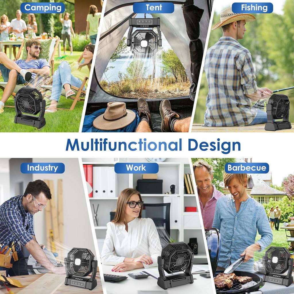 Battery Operated Fan, 20000mAh Rechargeable Camping Fan for Tent with LED Lantern - 3 Colors, 4 Speeds, 4 Timing, Adjustable Head with Hook, Portable