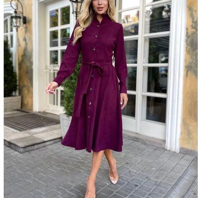 2024 Autumn/Winter Women's Solid Color Button-Down Shirt Dress with Lace-up