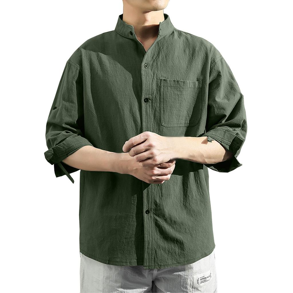 Men's Summer 3/4 Sleeves Cotton Linen Shirt Japanese Style Casual Loose Stand Collar Cotton Linen Shirt