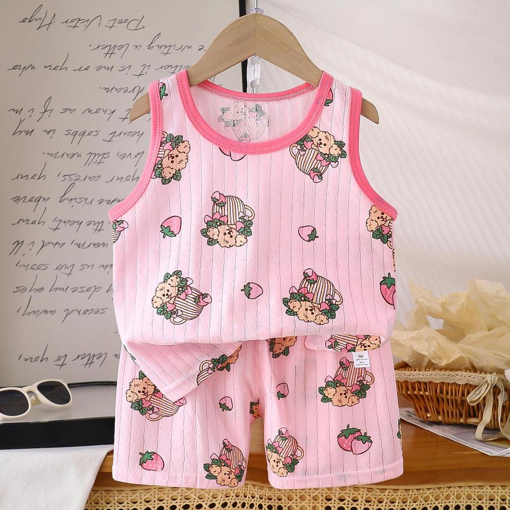2026 Summer Children O-Neck Sleeveless Vest Suits Baby Spring Short Pants Two-pieces Set Cartoon Cotton Suit for Girl Boy