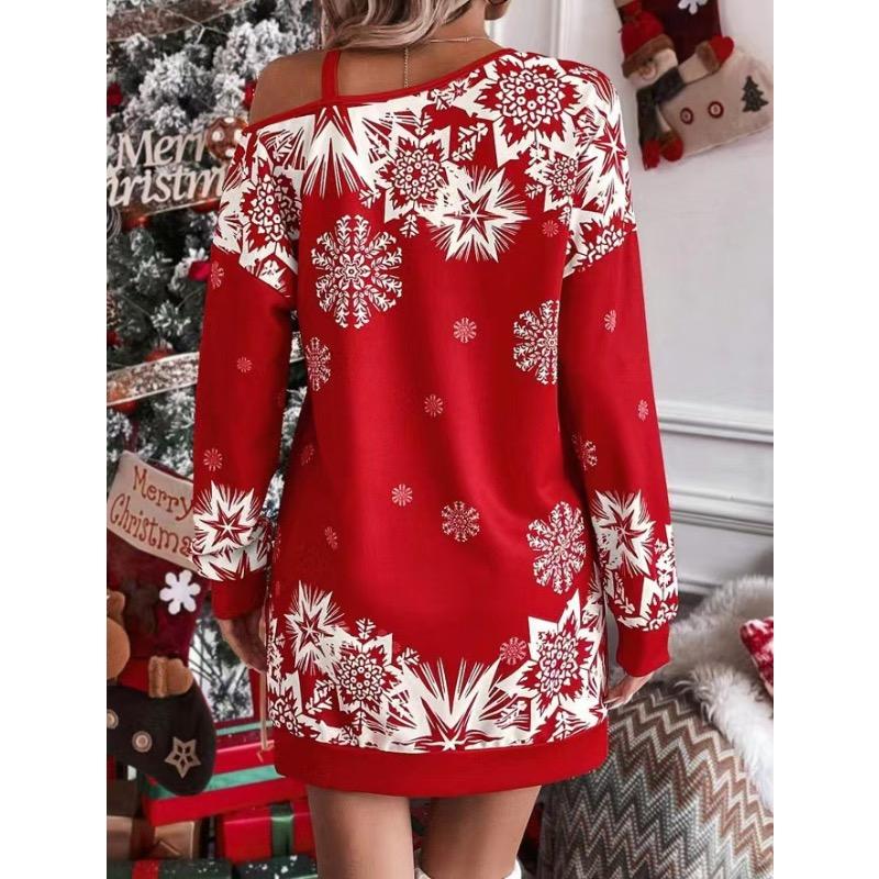 Christmas Long Sleeved Diagonal Shoulder Dress for Women