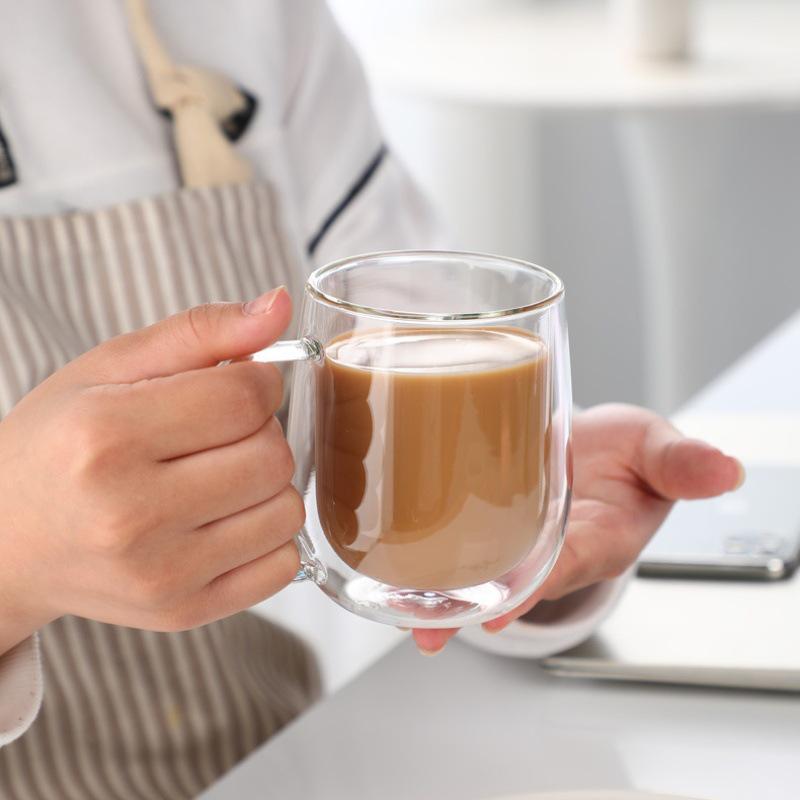 

Яйцеподібна двошарова скляна чашка для кави та чаю з ручкою, термостійкий дизайн