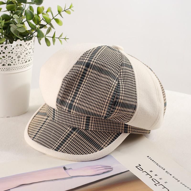 British Retro Light Luxury Octagonal Hat Children's New Autumn and Winter Plaid Splicing Newsboy Hat Fashion Painter Hat