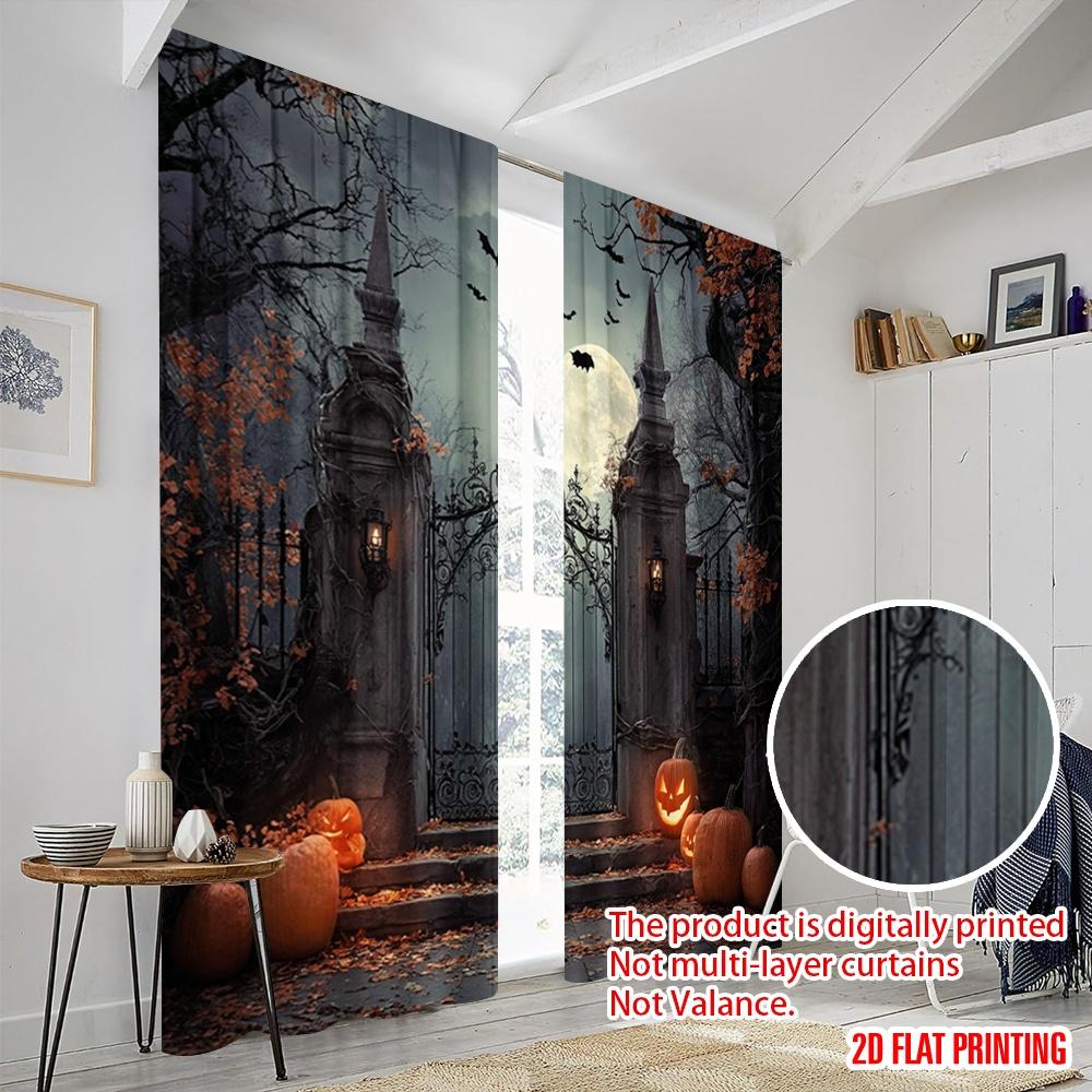 2pcs,2D Plane Printing Pattern Curtains Full Moon_ Gloomy Woods_ and Graveyard Versatile Fabric (without Rod) Outdoor