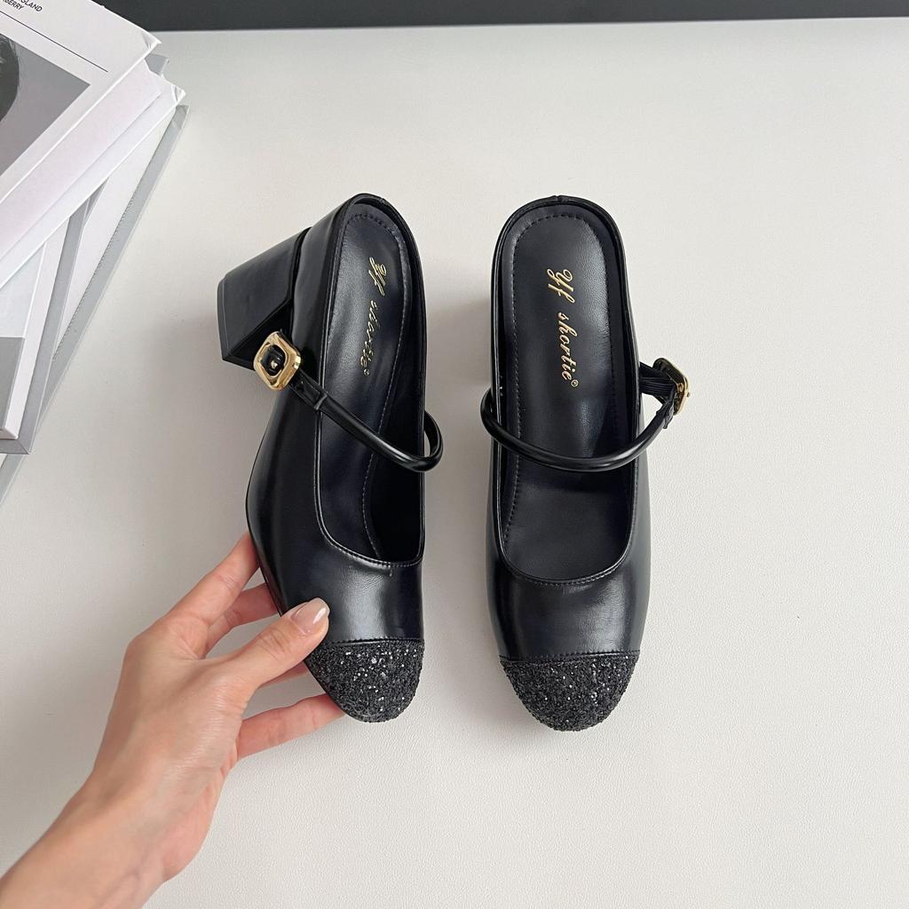 Inner height-increasing women's shoes sequined round head with slippers women's 2025 spring new temperament thick heel Mary Jane sandals