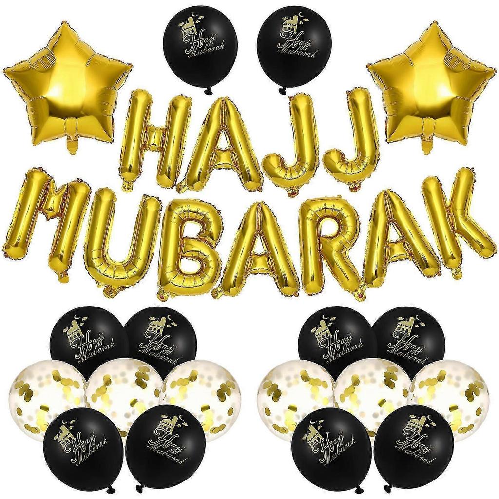 HAJJ MUBARAK Letter Latex Balloons Decorative Celebrative Background Layout Balloons Set for Eid Al-Fitr (Black and Glod)
