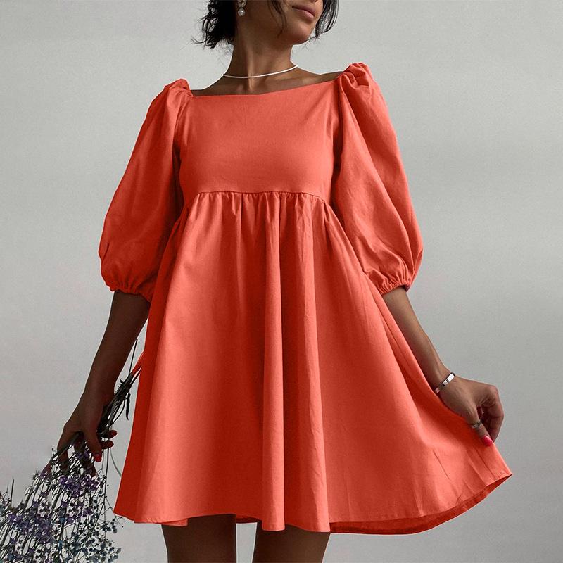 Miniabito a maniche a sbuffo monocolore: Monospalla con Scollo Quadrato e Sette Colori Primavera/Estate