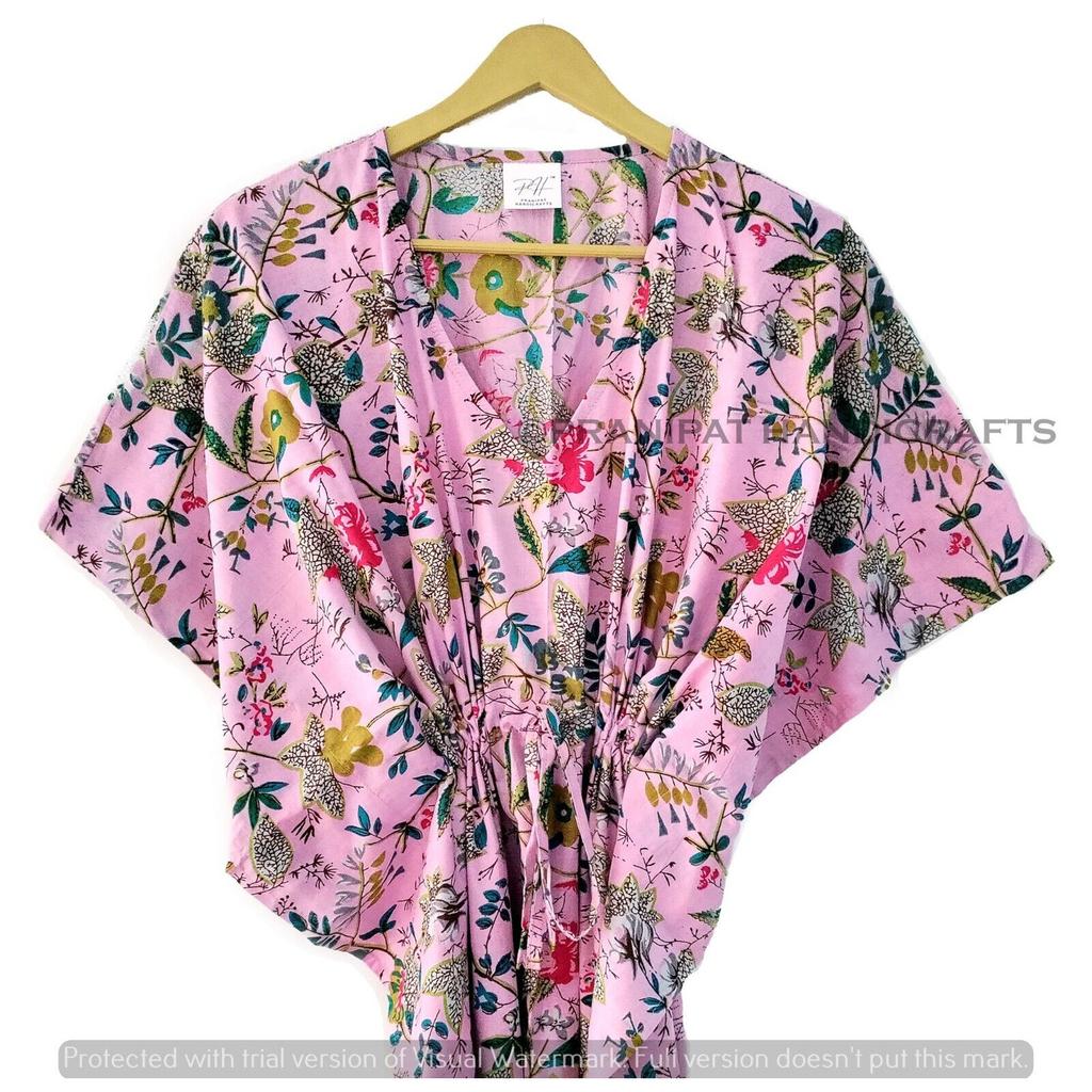 Indisches Pink Langes Baumwoll-Hippie-Maxikleid mit Blumendruck Damen Nachtwäsche Kaftan Kleid CKFTN-SCRN-FULL-BUYIT-144