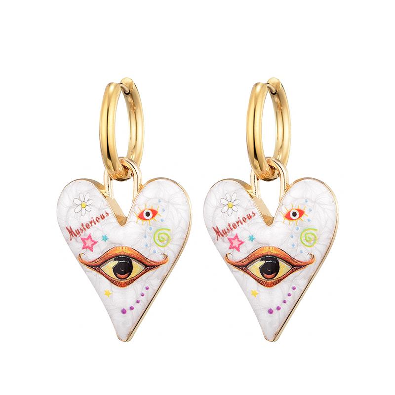 New Trendy Cute Heart Eye Stainless Steel Hoop Earrings For Women Colorful Vintage Enamel Gold Color Pendant Love Female Jewelry