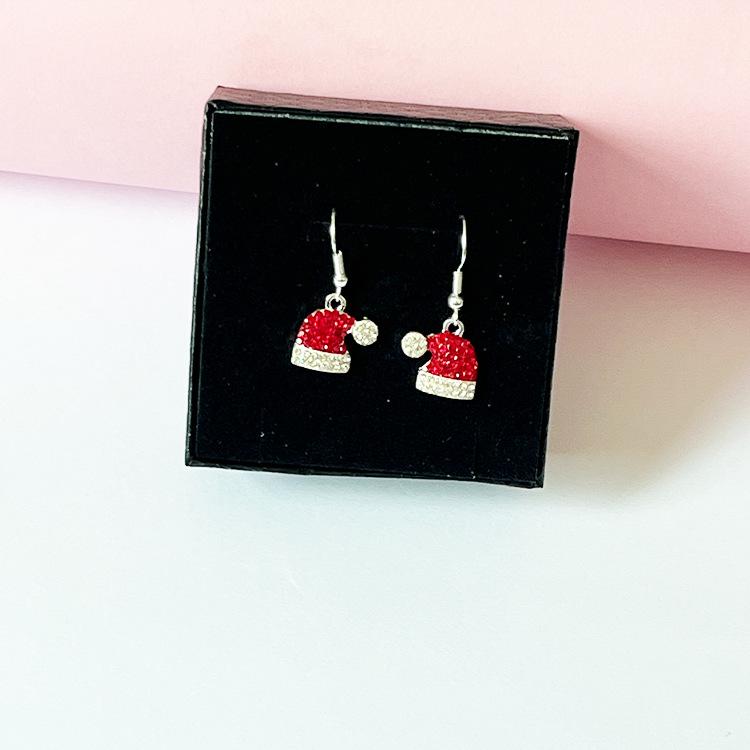 Evropský a americký horký styl vánoční náušnice náhrdelník set: Roztomilý svěží přívěsek ve tvaru vánoční čepice s plným osazením diamanty