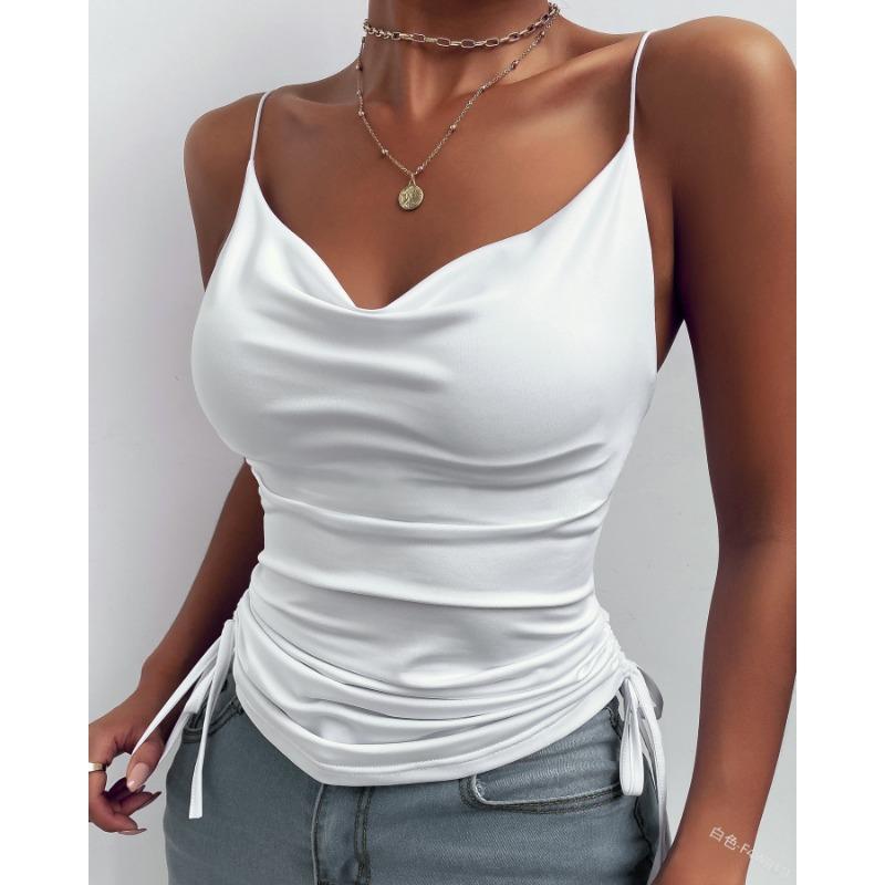 Women Cowl Neck Spaghetti Strap Camisole With Side Drawstring Ruched Slim Fit Top S