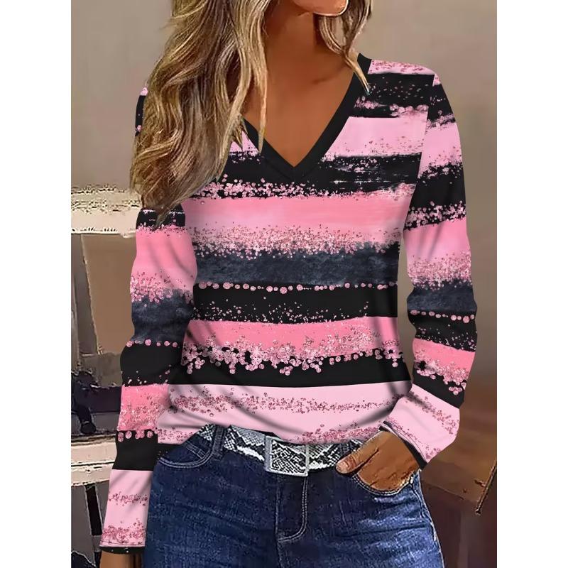 Γυναικείο T-shirt με V λαιμόκοψη και μακριά μανίκια, casual μόδα