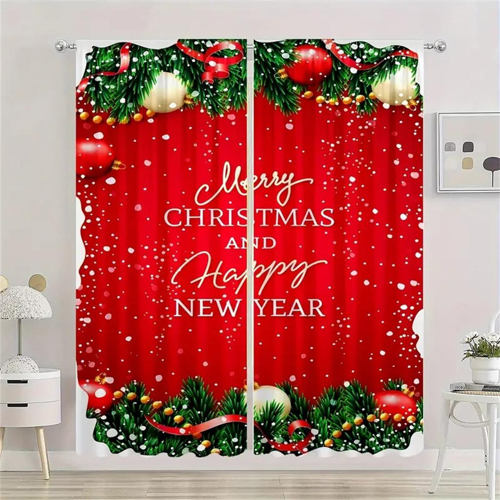 2pc,Christmas Ball Pine Leaves Curtain,With Rod Pocket Mount,Digital Printed Curtains,Polyester Material,For Living Room Bedroom
