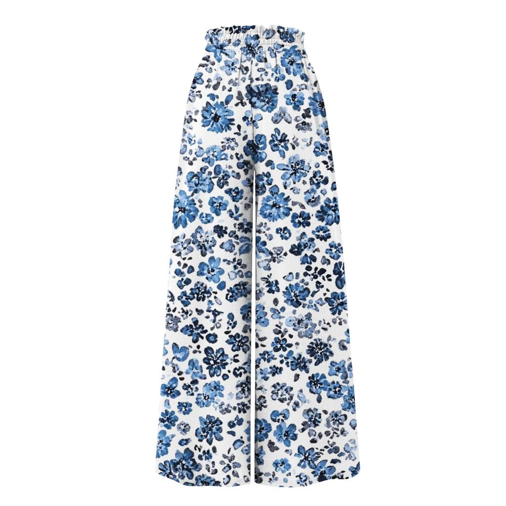 Women's Palazzo Pants Boho Floral Wide Leg Trousers Summer Beach High Waisted Flowy Pants With Pockets