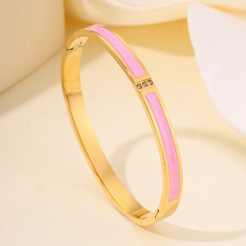 New Buling Pink Crystal Zirconia Stainless Steel Bracelet for Women Versatile Stackable Jewelry Waterproof Bangle Gift