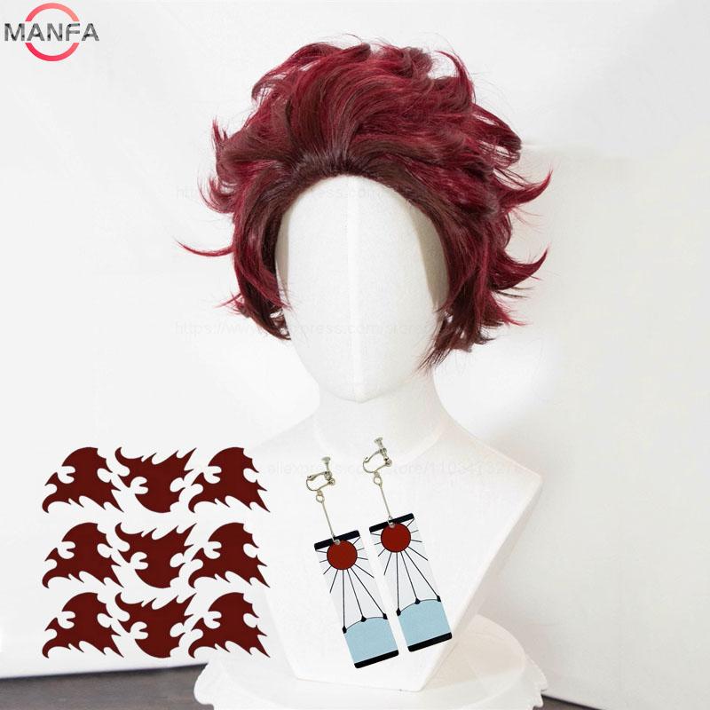 Anime Tanjiro Kamado Cosplay Perücke Kurz Kastanienbraun Hitzebeständig Synthetisch Anime Perücken + Perückenkappe