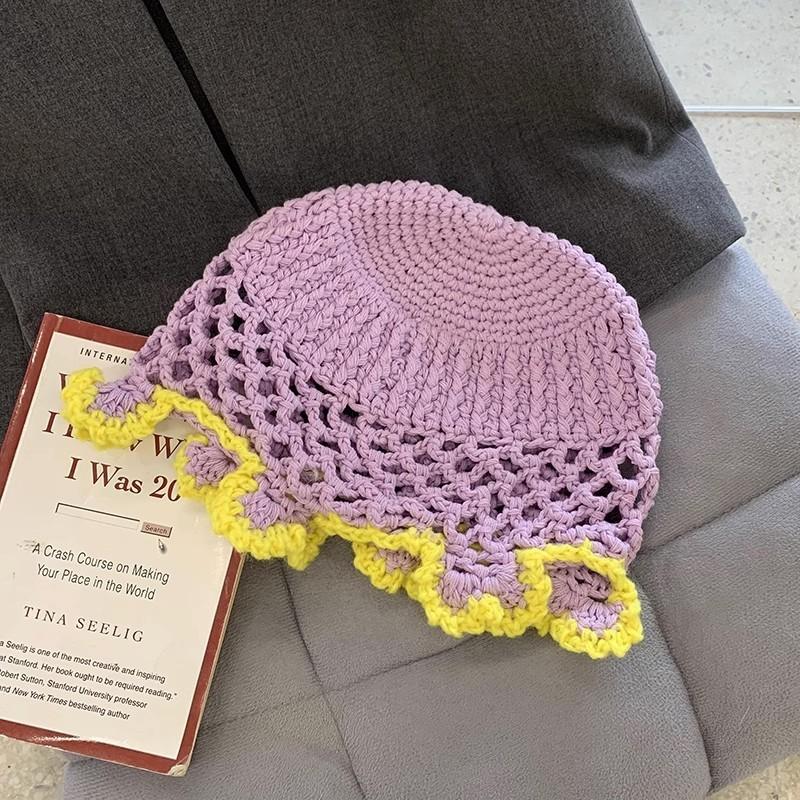 Blue Knitted Wool Cap Women Spring Korean All-match Forest Style Lace Edge Bucket Hat Fashion Big Headband Fisherman Hat