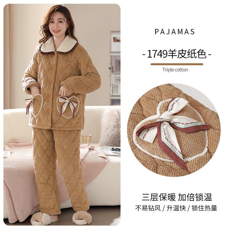 Flannel Pajamas Women'S Winter Fleece Thickened Three-Layer Coral Fleece Padded Cotton Warm Loungewear Set Autumn And Winter
