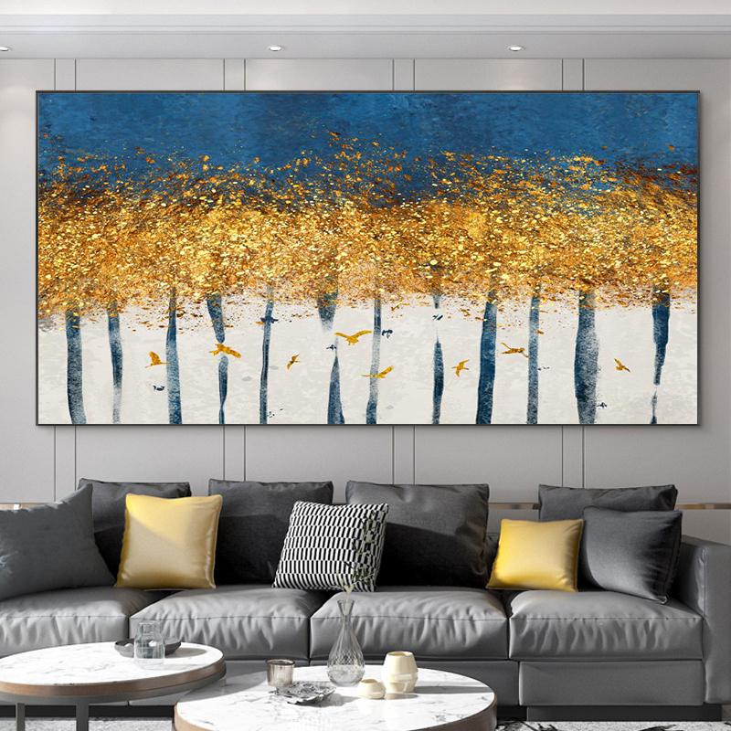 Abstract Leaves Oil Painting Print On Canvas Texture Golden and Silver Trees Wall Art Modern Home Decor Living Room Wall Decor