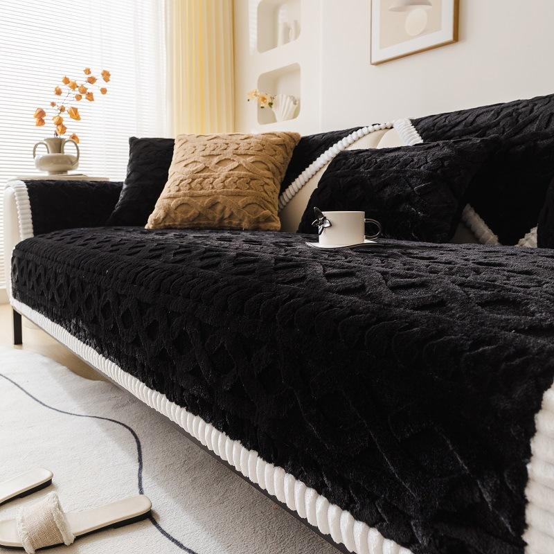 

Thicken Imitation Rabbit Fur Plush Sofa Slipcover Simple Fashionable Solid Color Light Luxury Home Decor Anti-Skid Sofa Cover 90x70cm 1pcs чорний
