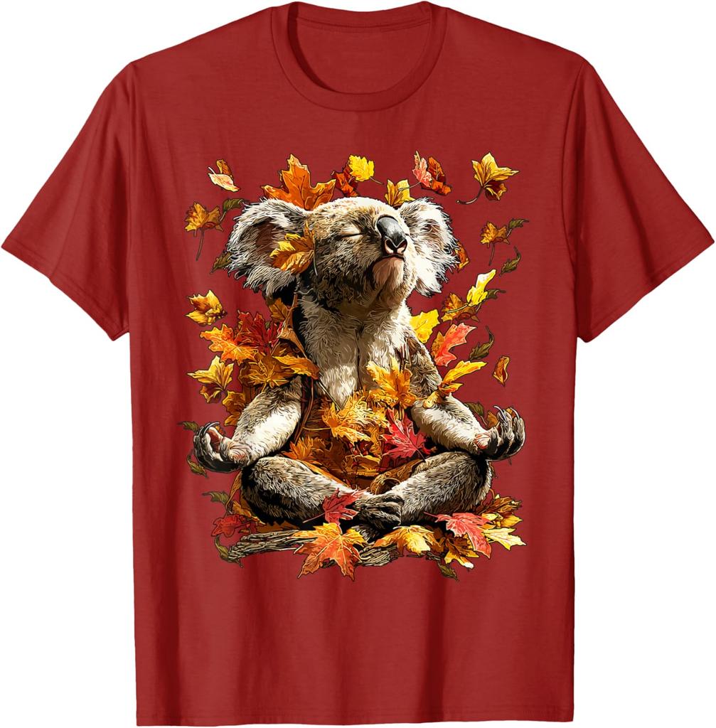 Meditating Koala Autumn Leaves Graphic Tee Men Women Casual Soft Cotton T-Shirt