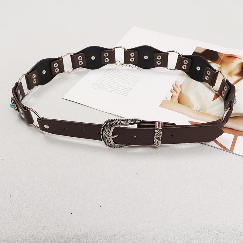 

National Style Turquoise Studded Vintage Pu Leather Belt Woman Bohemia Fashion Waist Belt Corset For Dress 100cm